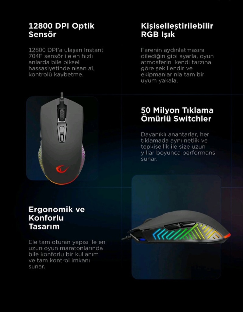 Rampage SMX-G68 SPEAR V2 FULL RGB 12800 DPI Siyah 7D Makrolu Mouse - 7