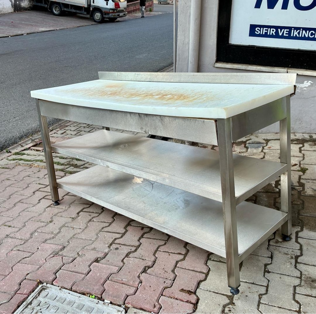 PASLANMAZ POLİETİLEN KASAP TEZGAHI - İKİ RAFLI (160x90x60) 304 ÇELİK