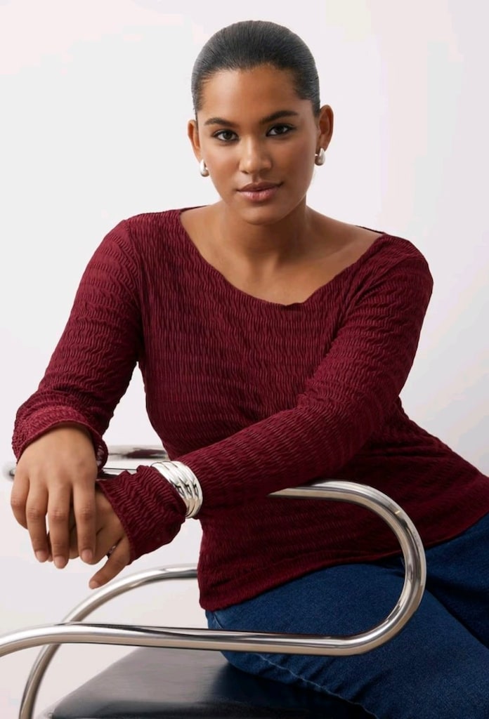 Bordo Renkli Dokulu Tül Esnek Örme Büyük Beden Bluz 4XL / 48 - 4
