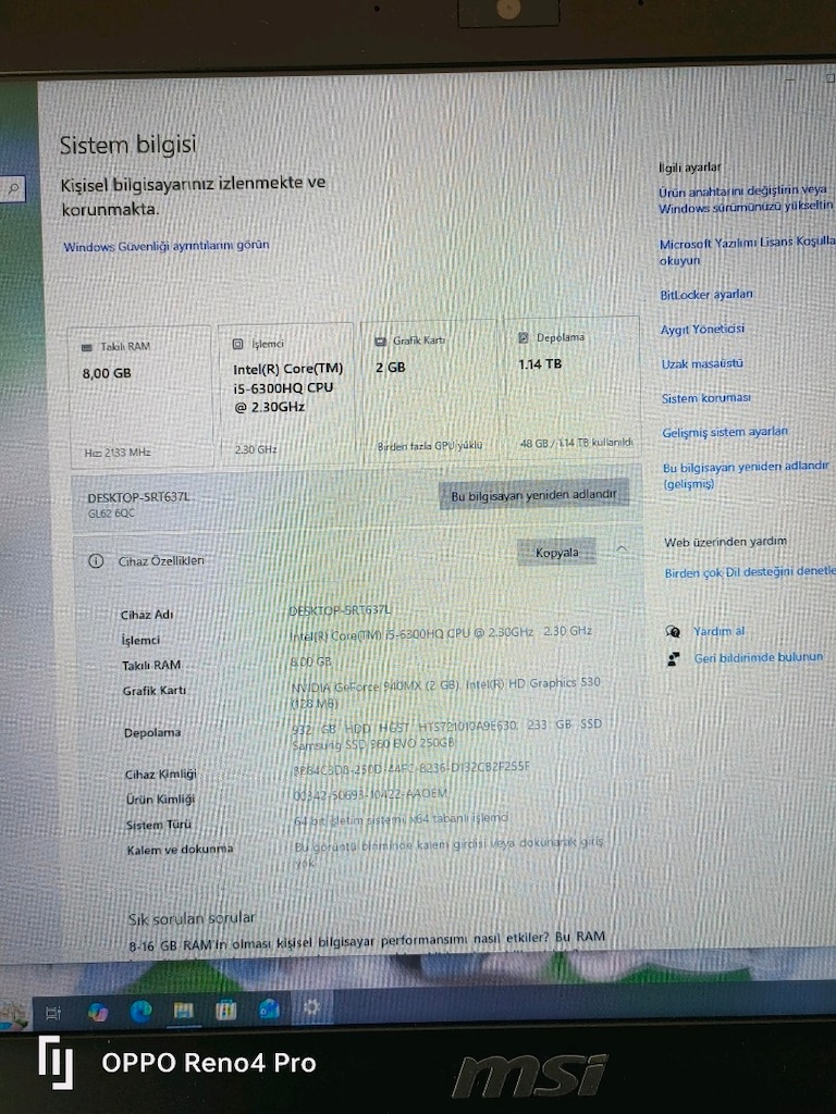 KUTULU MSI GL62 6QC i5 8GB 256SSD 940MX FHD TEMİZ - 8