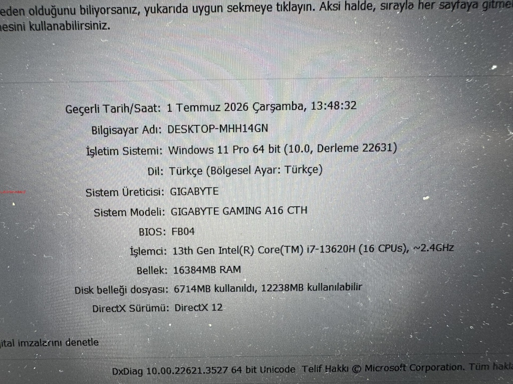 GİGABYTE İ7 13. NESİL 16 GB RAM 1 TB NVME RTX 5050 - 5