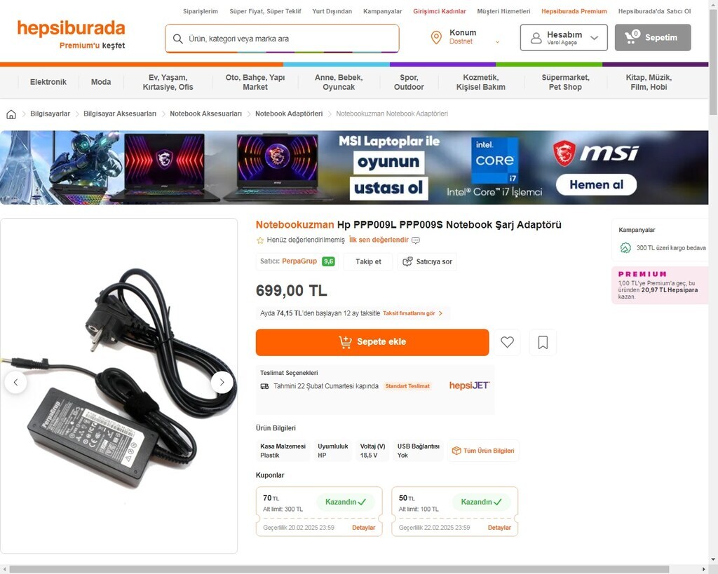 Orjinal Hp 18.5v - 3.54a Notebook Adaptör - 7