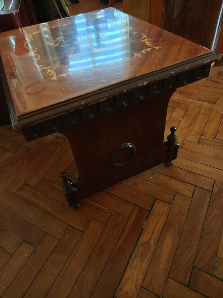 Vintage Kakmalı Ahşap Kare Yan Sehpa / Marküteri Çiçek Motifli Fiskos - 5
