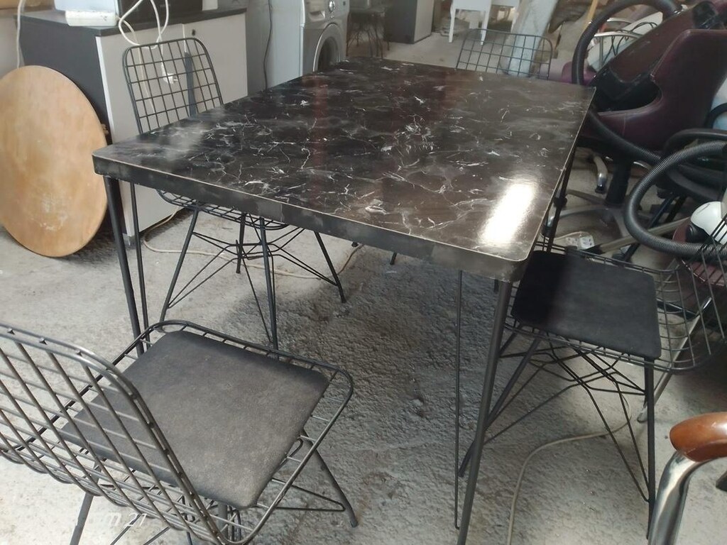 Mermer Desenli Masa Takımı - Metal Tel Sandalyeli (120x80 cm) - 2