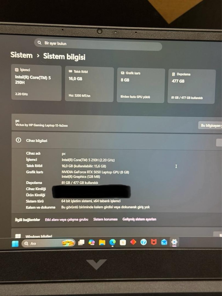 HP Victus Gaming Oyuncu Laptop Rtx5050 22 Ay garantili - 6