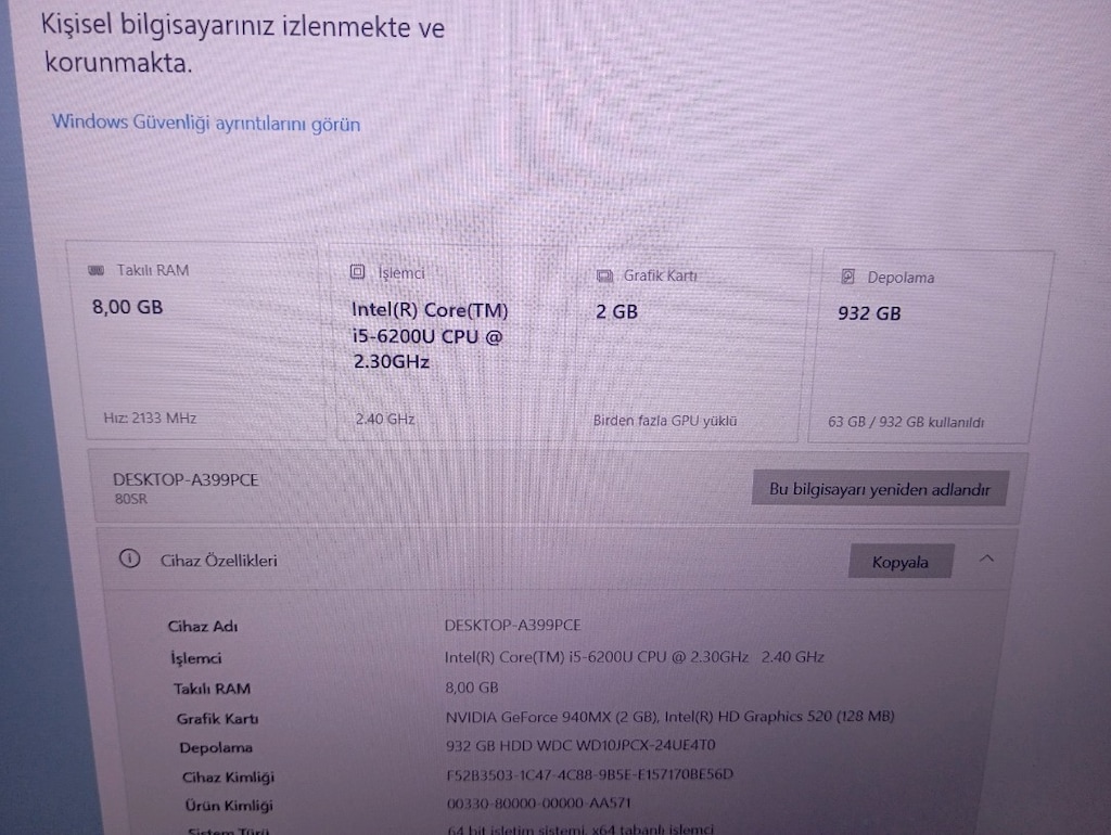 Lenovo Çift Ekran Kartlı I5 işlemci 8Ram 1Tb SSHD 2Gb Nvidia Gt940MX - 11