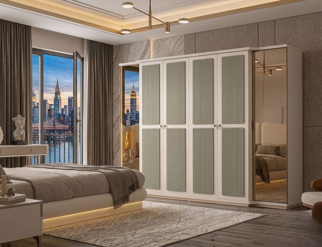 Sıfır, %100 MDF , 6 Kapılı Gardırop - Aytaşı , Traverten, TURKUAZ - 3