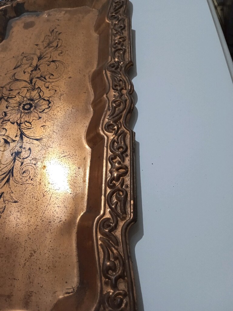 KENARLARI KABARTMALI İCİ DESENLİ YENİ AĞİR BAKIR TEPSİ - 4