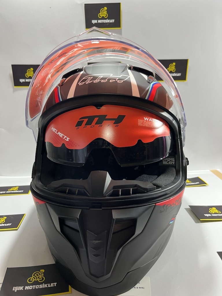Mh Sports Kapalı Mat Gri Kırmızı Mavi Desenli Motosiklet & Atv Kask M