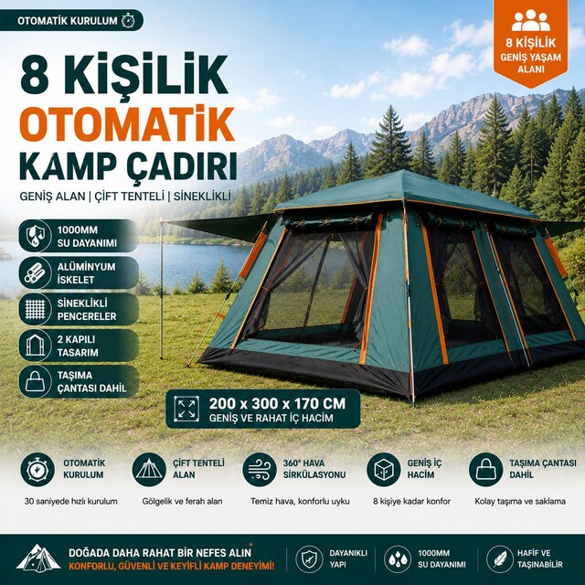 8 Kişilik Otomatik Açılır Kamp Çift Tenteli Sineklikli Çadırı