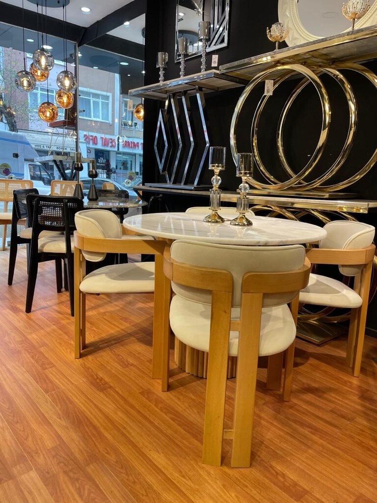 ahşap t sandalyeli yuvarlak mermer masa takımı - 5