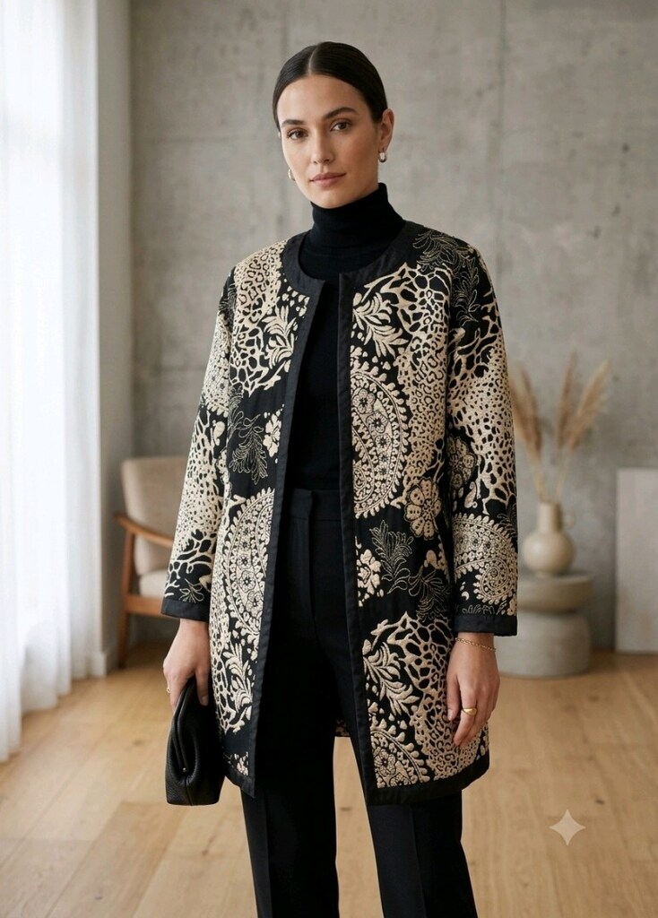 Otantik Kaftan Desen jakarlı uzun Ceket