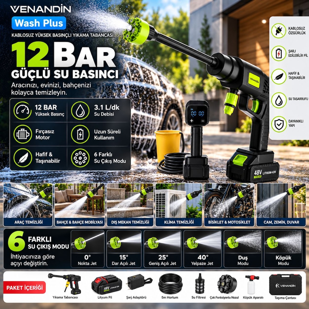 Kablosuz Basınçlı Yıkama Tabancası 12 Bar 150W - 6