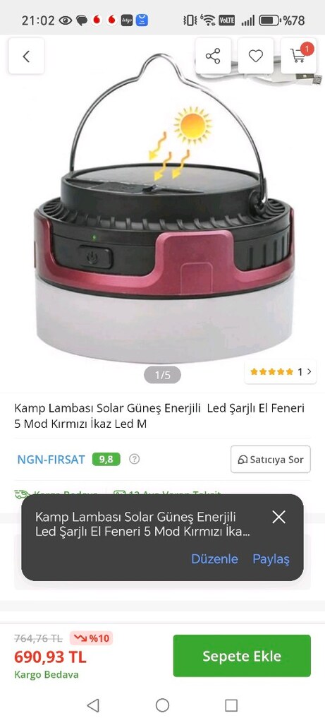 Kamp Lambası Solar Güneş Enerjili Led Şarjlı El Feneri 5 Mod Kırmızı - 2