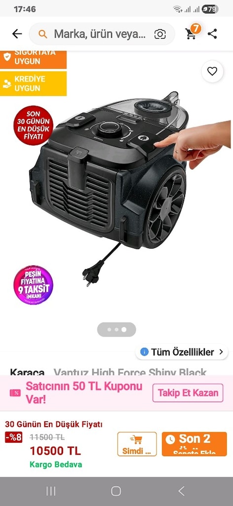 KARACA VARTUZ ELEKTRİKLİ SÜPÜRGE TOZ TORBASIZ DAHA SIFIR SAYILIR TERTE - 5