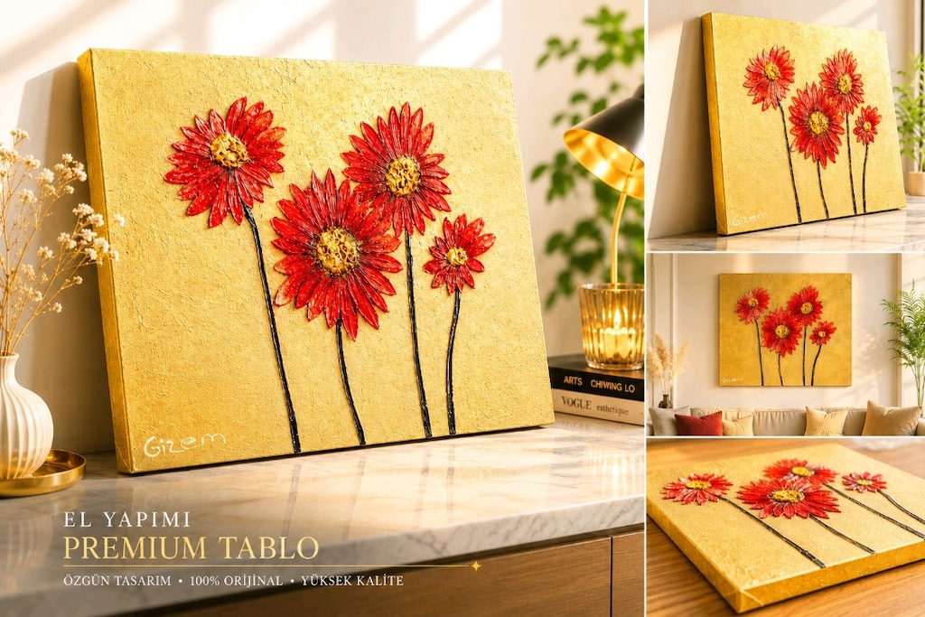 Premium Büyük Boy El Yapımı Yağlı Boya Tablo – Kırmızı Çiçekler