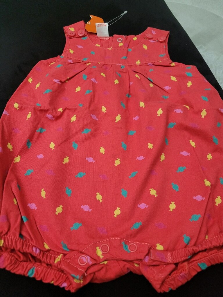 Canlı Pembe Şeker Desenli Bebek Yazlık Tulum, 6-9 Ay, Yeni Etiketli - 6