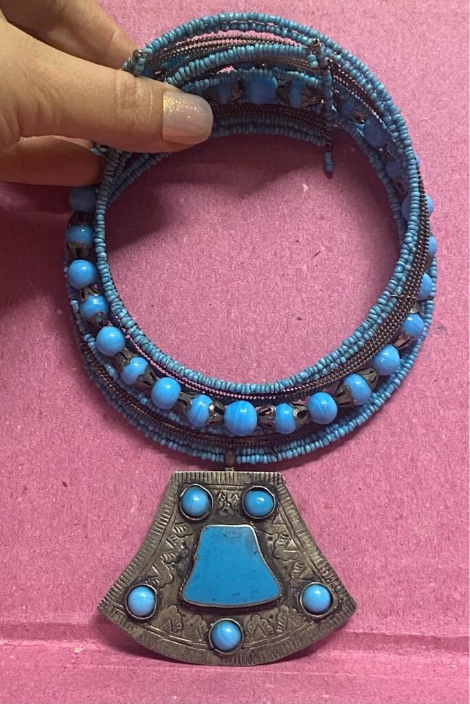 Vintage El İşçiliği Mavi Cam Boncuklu Choker ( Tasma ) Kolye - 10