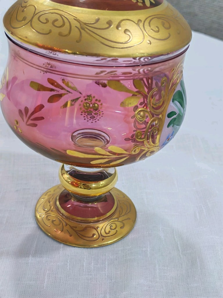 Kusursuz El Boyaması Vintage Bohem Kristal Set Vazo & Şekerlik - 8
