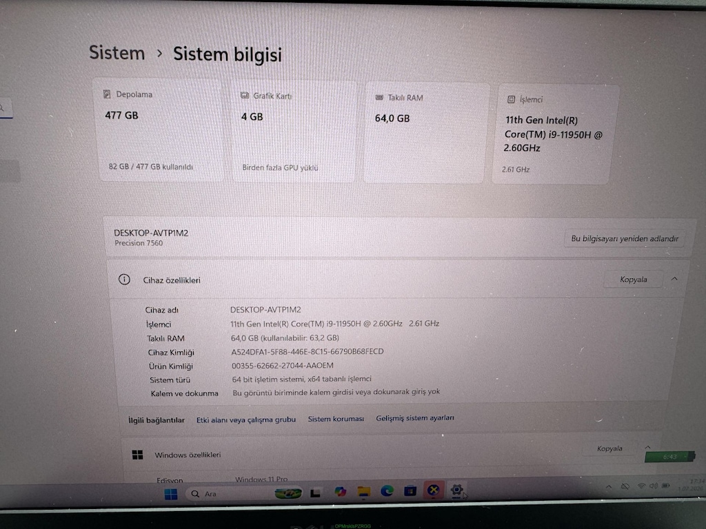DELL PRECISION İ9 11. NESİL 64 GB RAM 512 M2SSD RTX A2000 - 5