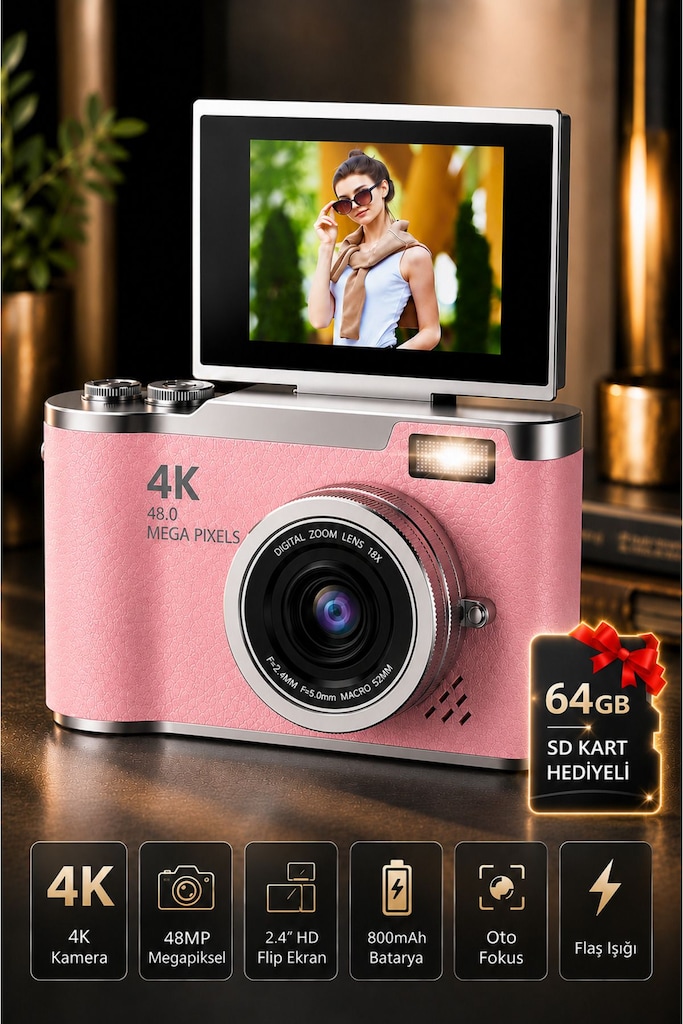 4K Dijital Fotoğraf Makinesi 48MP Flip Ekranlı 8X Zoom Flaşlı - 2
