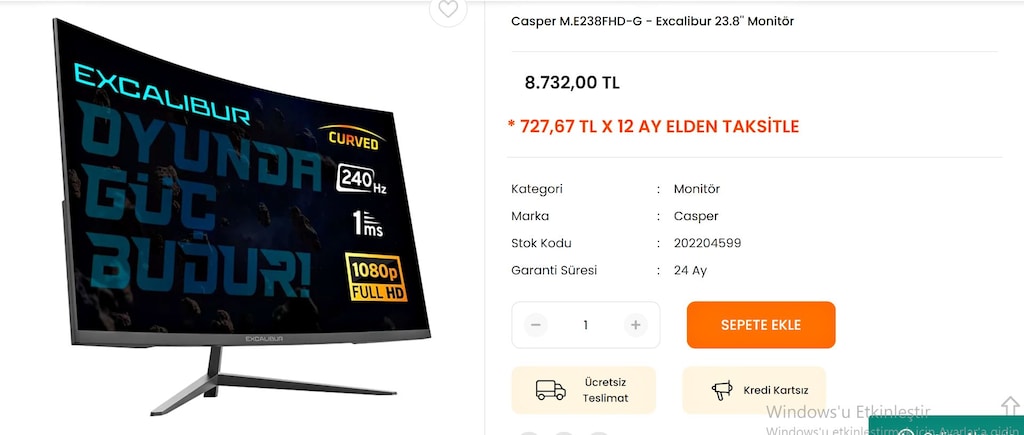 CASPER EXCALIBUR 23.8" 200HZ 1MS CURVED OYUNCU MONİTÖRÜ - KUTULU - 10