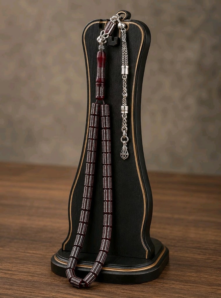 Gümüş İşlemeli Ateş Kehribar Tespih - 3