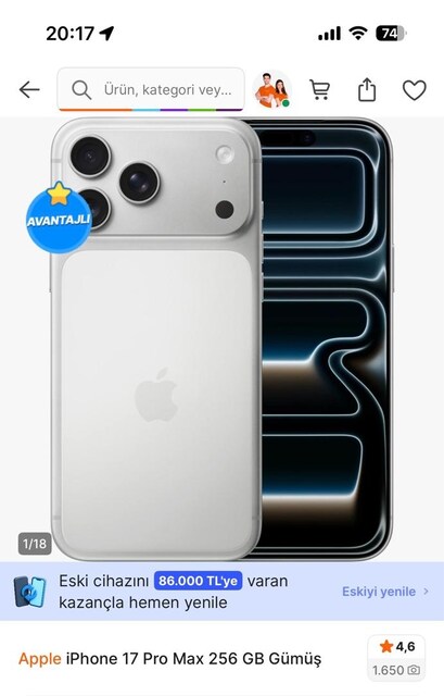 İPHONE 17 Pro Max 256 GB Gümüş Telefon - ( SIFIR )