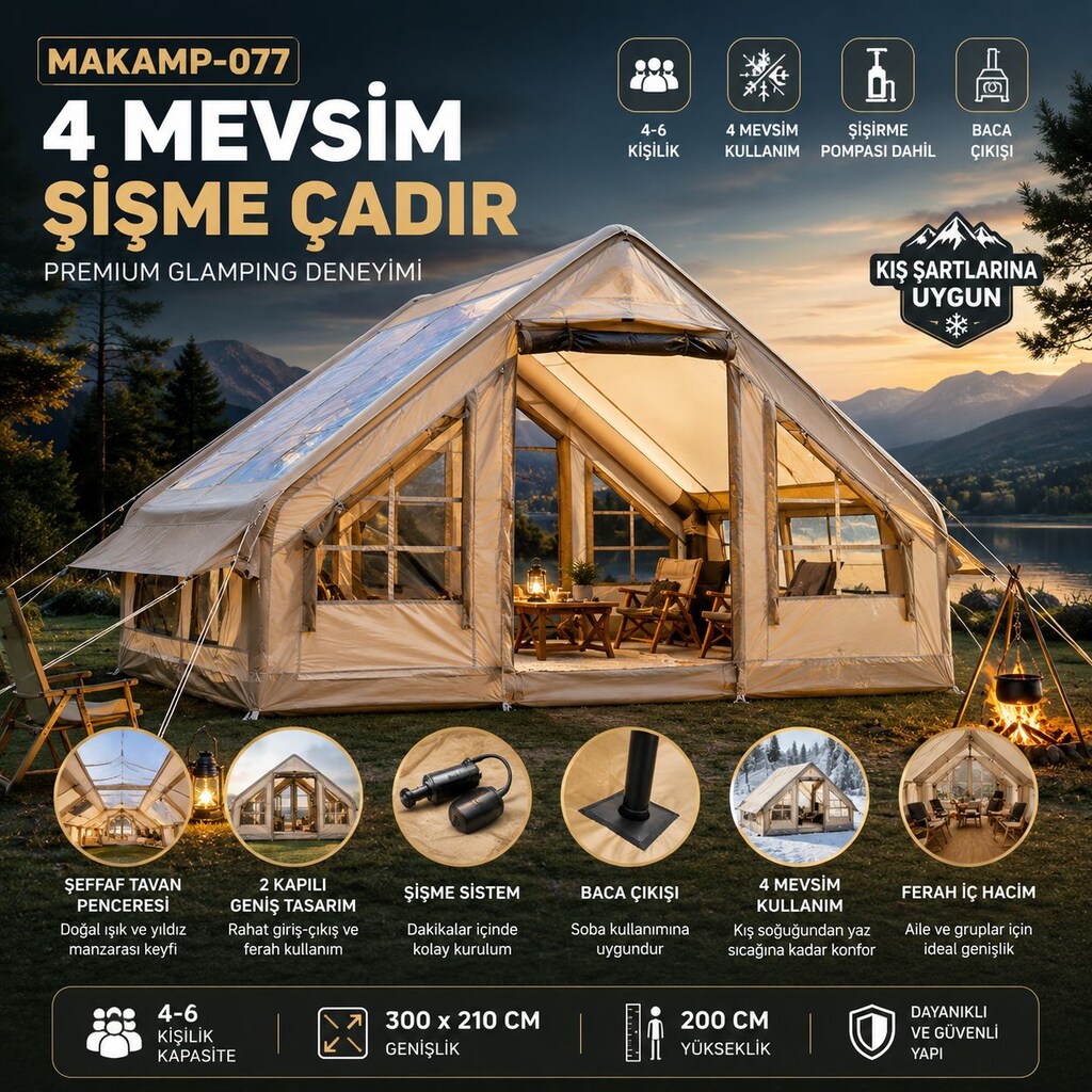 4-6 Kişilik 4 Mevsim Şişme Kamp Çadırı Şeffaf Tavan Pencereli
