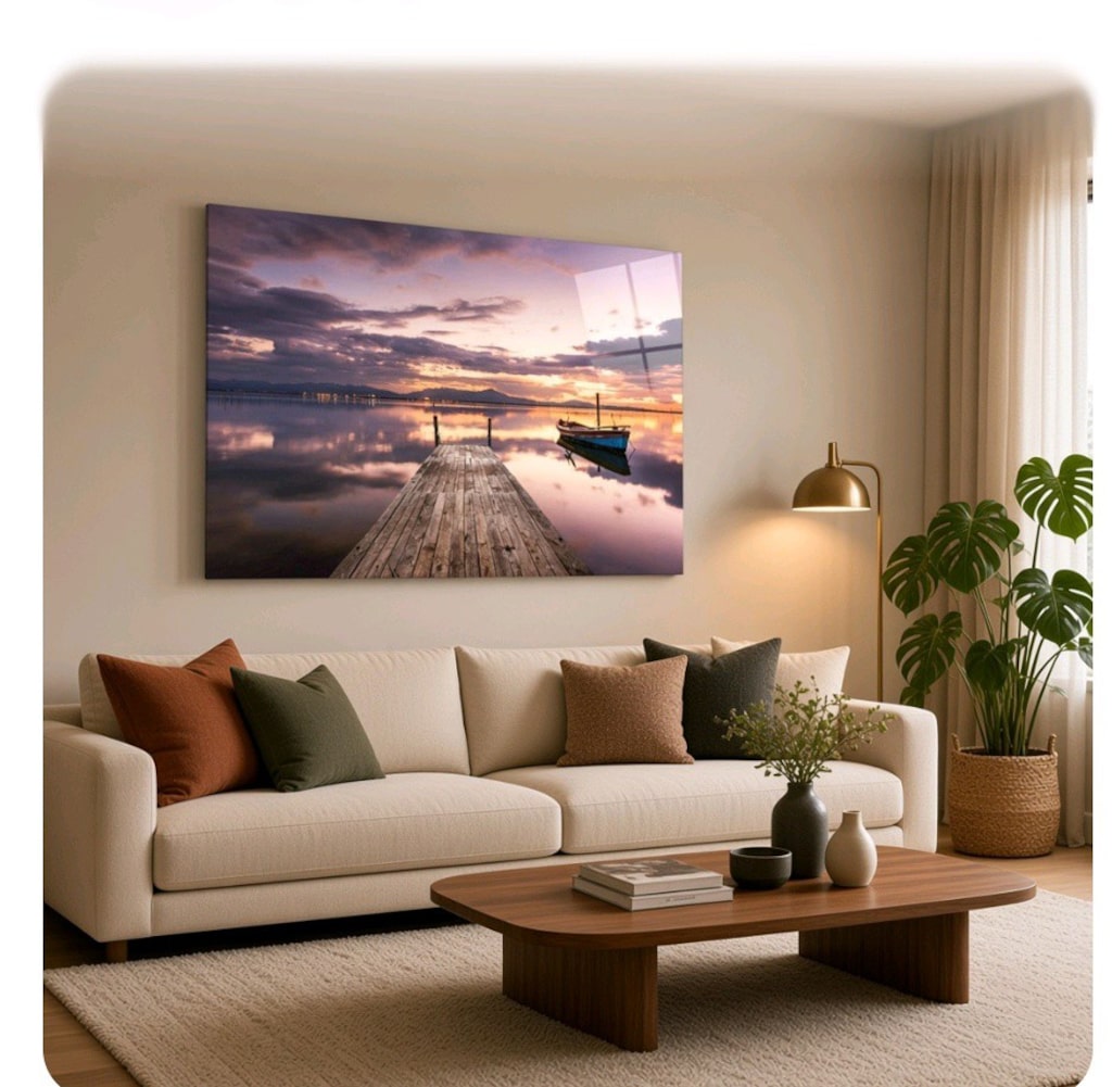 Şık Temperli Cam Tablo 72x46 cm – Göl & Gün Batımı Manzarası Sıfır - 2