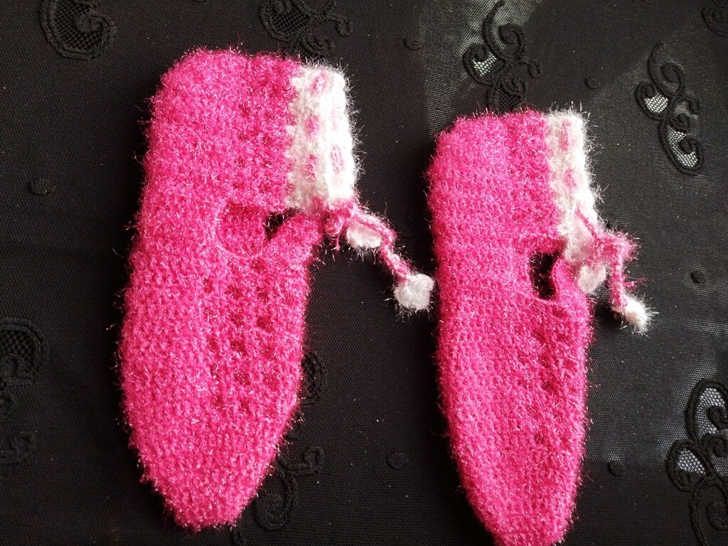 EL emeği örgü simli kalın ip pembe patik - 6