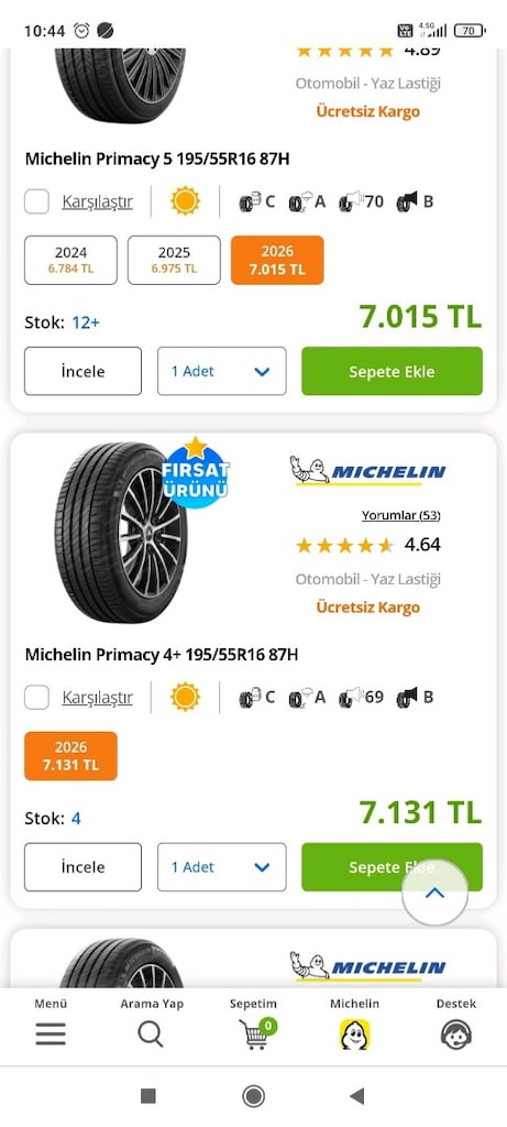195/55/16 YAZLIK MİCHELİN DİŞ DERİNLİKLERİ HARİKA 4 ADET TOPLAM 7150 t - 8