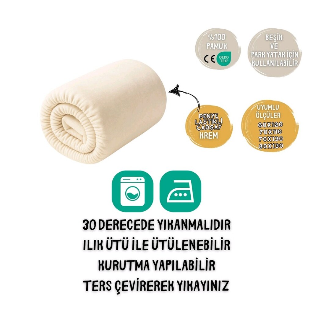 %100 PAMUK Penye Lastikli krem Çarşaf - 3