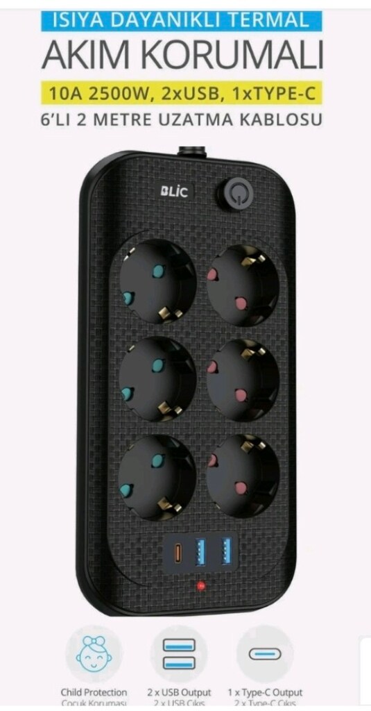 Termal Akım Korumalı 6’lı Priz Soketi – 2x USB, 1x Type-C Giriş,