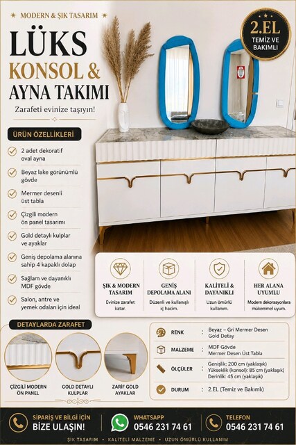 Lüks konsol takımı 2 adet aynası ile birlikte 4 kapaklı 2 çekmeceli