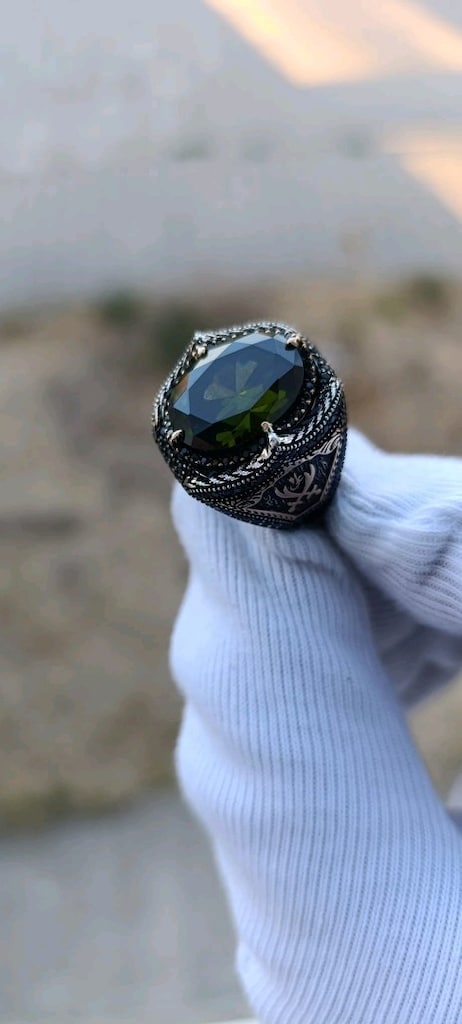 925 Ayar Yeşil Zirkon Gümüş Yüzük - 7