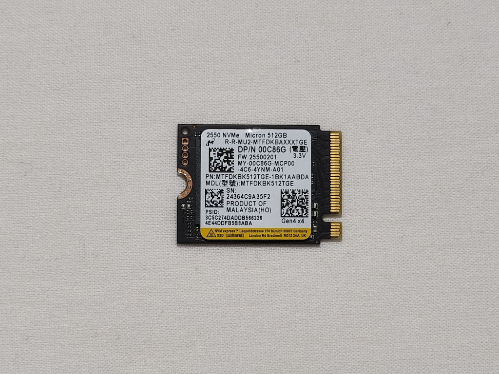 Micron 2550 512GB 2230 M.2 SSD - 5,000MB/s - 4,000MB/s - 3