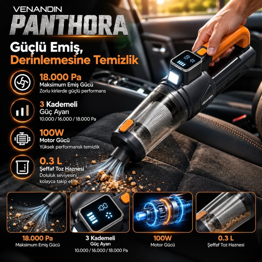 Panthora 18000 Pa 100W Şarjlı Kablosuz Araç Süpürgesi - 4
