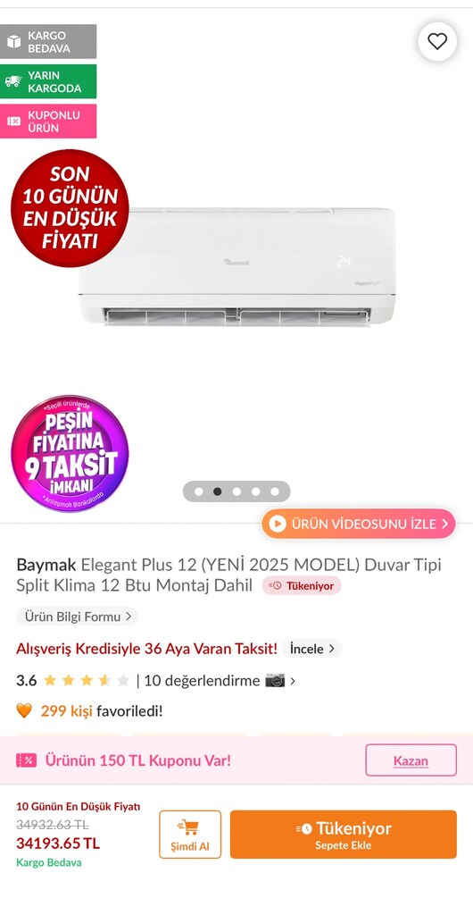İNDİRİM İNDİRİM BAYMAK ELEGANT ECO 12000 BTU INVERTER KLİMA 29.500 SON - 7