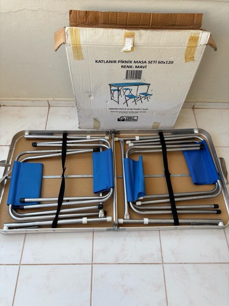 Katlanır Piknik Masa Seti (60x120 cm) + 4 Tabure - Temiz / Mavi - 5