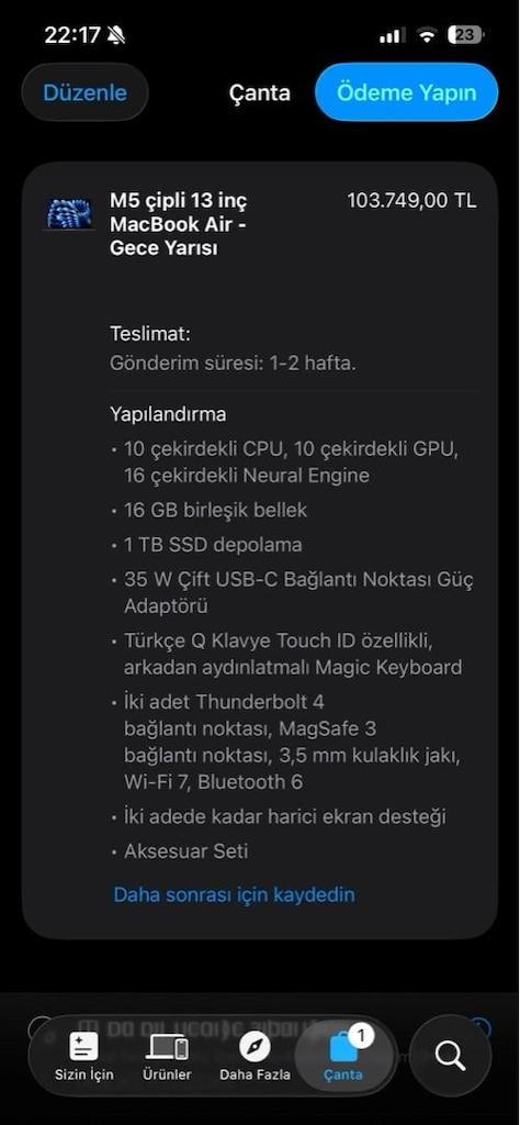 MACBOOK AİR M5 1TB - 2