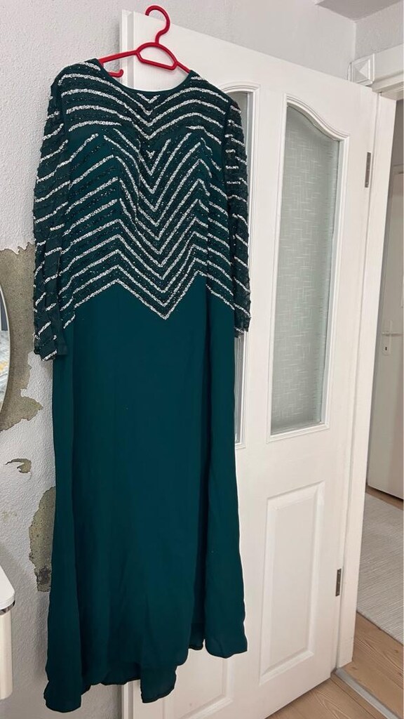 Zümrüt Yeşili Zigzag Desenli Uzun Elbise - 2