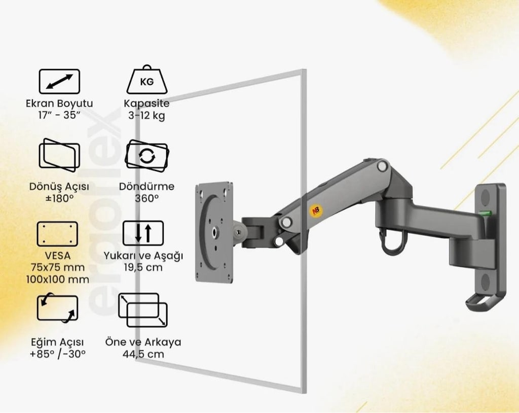 Nb F150 17"-35" Duvara Montaj Amortisörlü Monitör Standı - 5