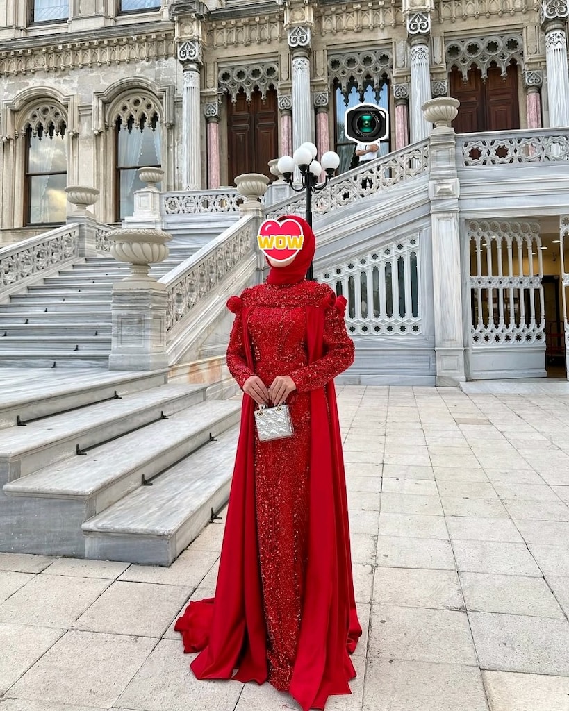 Özel Dikim Kırmızı Taşlı Tesettür Abiye Elbise (Pelerinli/Pelerinsiz) - 4