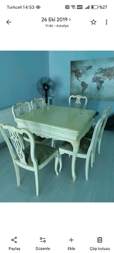 Antika, el koyması, açılır ceviz masa-sandalye takımı - 4