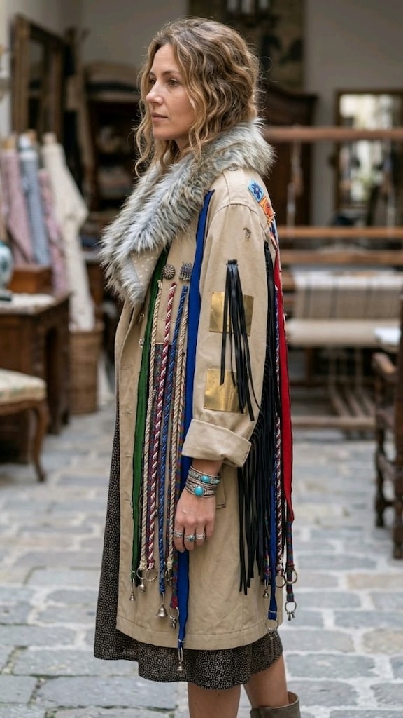bohem (boho-chic) ve etnik detayların modernize edilmiş kaban - 3