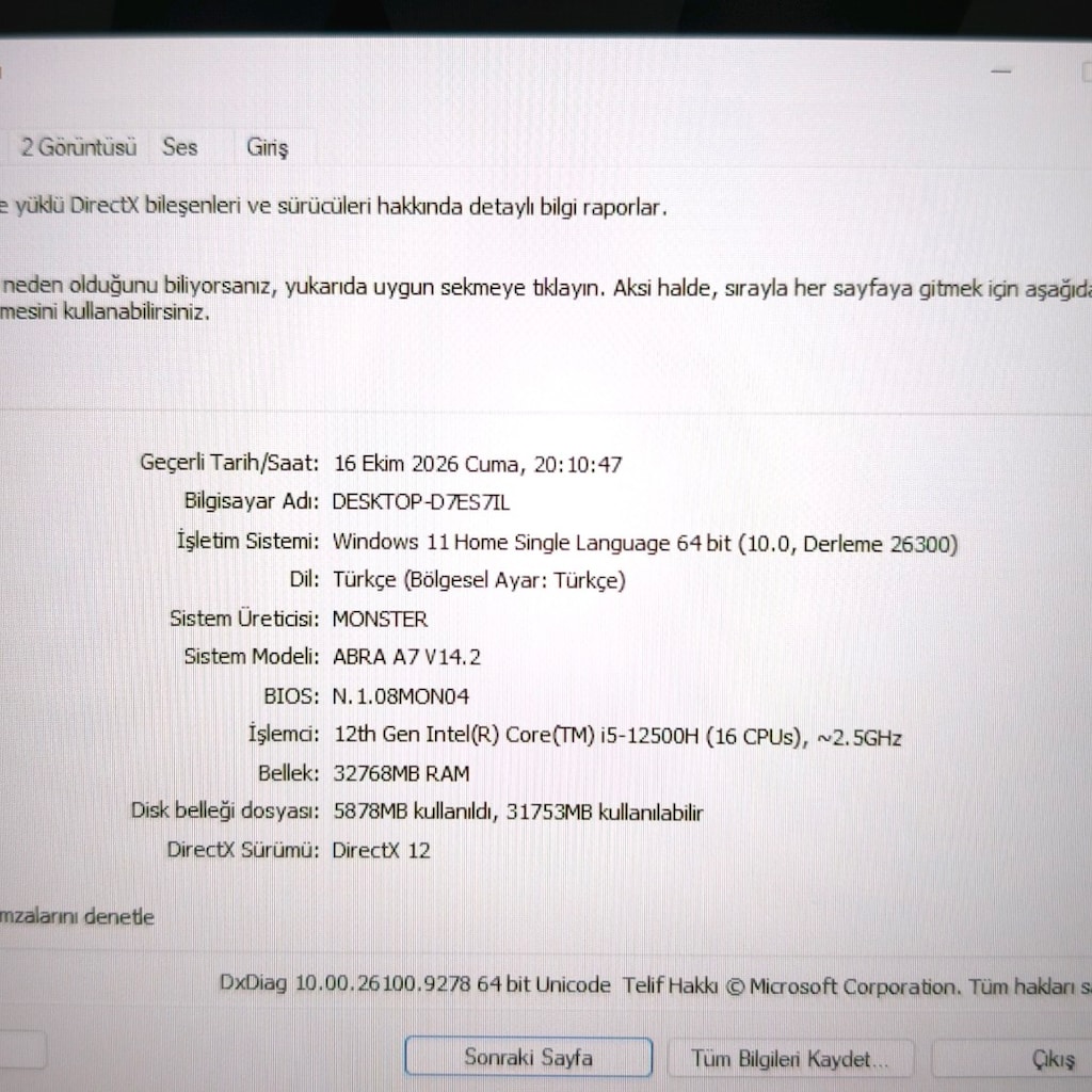 Monster / 32 Ram / Rtx 3050ti / 500 Ssd / 17.3" Büyük Ekran / 144 Hz - 11