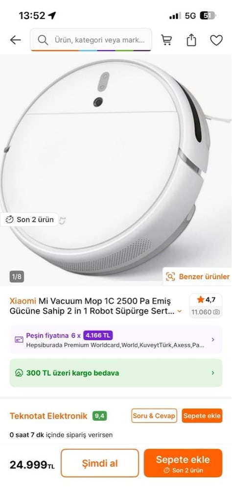 Xiaomi Mi Vacuum Mop 1C Robot Süpürge 2500Pa - 7