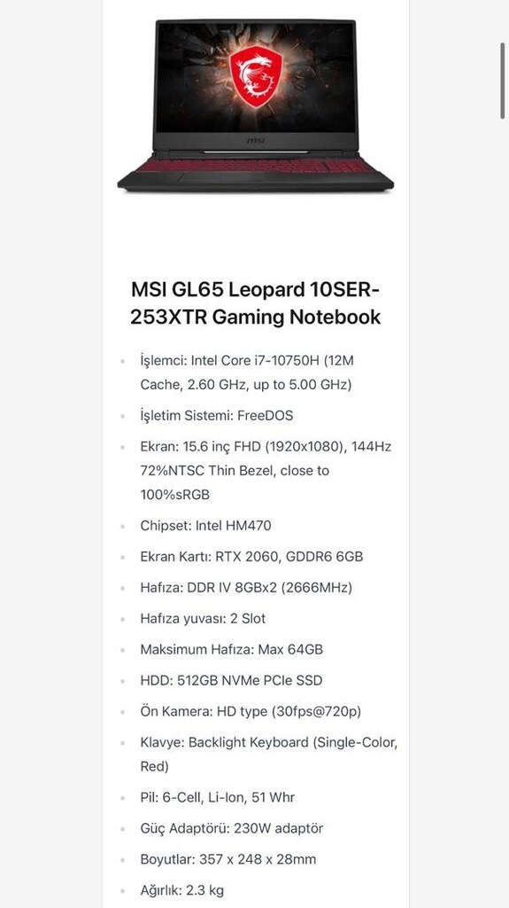 MSI GL65 10SER-253XTR i7-10750H - 144Hz - 16GB - 512GB - Gamer - Win11 - 5