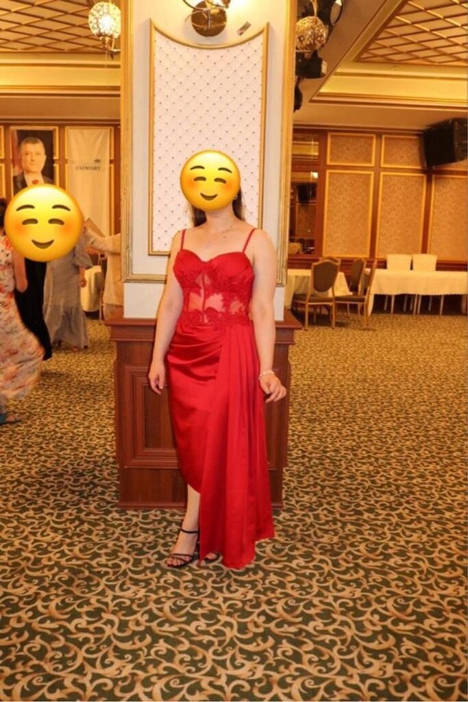 Kırmızı İp Askılı Dantel Tül Gövdeli Midi Boy Kına Elbisesi - 5
